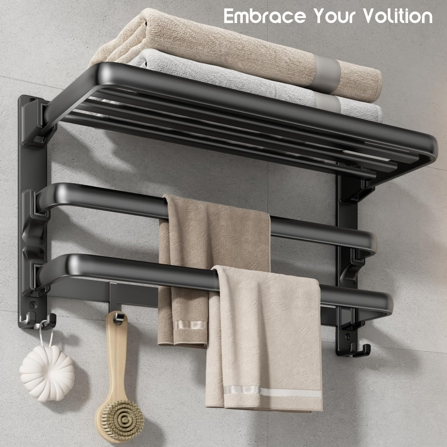 Embrace Your Volition Towel Rack,Bathroom Towel Shelf with 2 Towel Bar Foldable Towel Holder with 7 Hooks Towel Storage Organizer