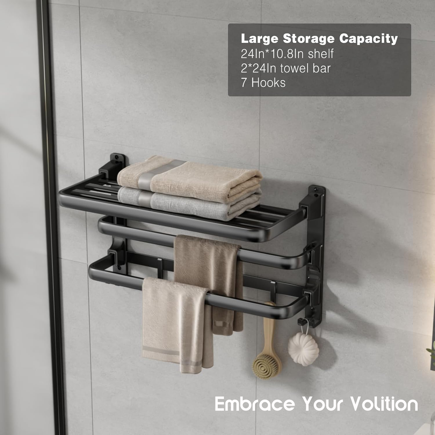 Embrace Your Volition Towel Rack,Bathroom Towel Shelf with 2 Towel Bar Foldable Towel Holder with 7 Hooks Towel Storage Organizer