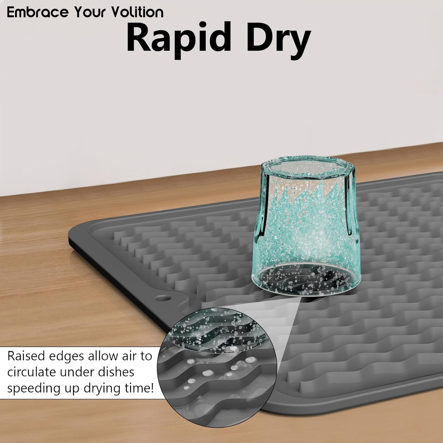 Embrace Your Volition Silicone Dish Drying Mat for Kitchen Counter, Eco-Friendly Quick Dry Dish Mat, Easy Clean Multi Usage Drying Matt, Heat Resistant Trivet, 12" x 16" Large, Gray