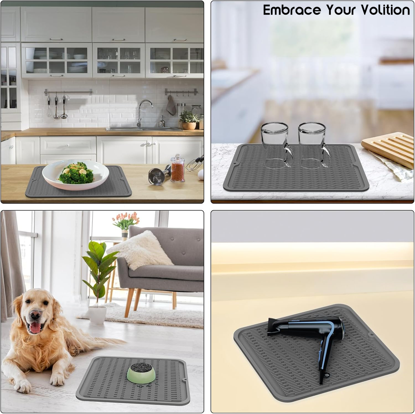 Embrace Your Volition Silicone Dish Drying Mat for Kitchen Counter, Eco-Friendly Quick Dry Dish Mat, Easy Clean Multi Usage Drying Matt, Heat Resistant Trivet, 12" x 16" Large, Gray
