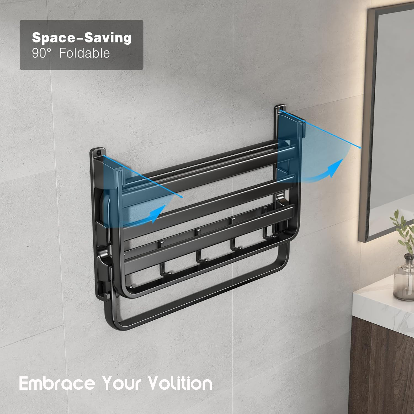 Embrace Your Volition Towel Rack,Bathroom Towel Shelf with 2 Towel Bar Foldable Towel Holder with 7 Hooks Towel Storage Organizer